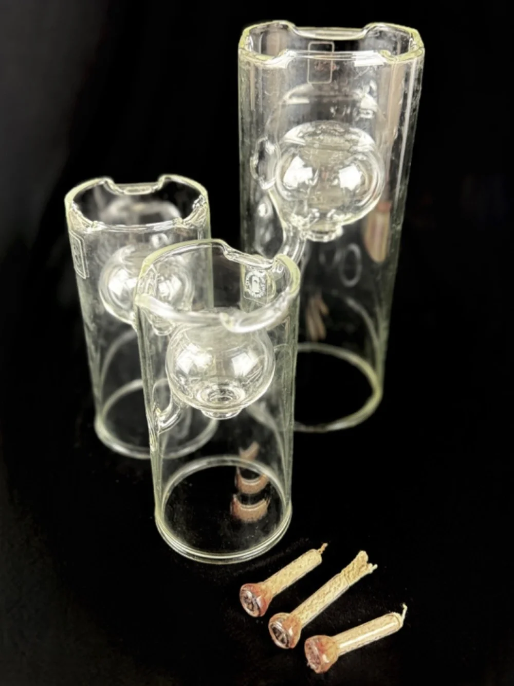 3 Wolfard Clear Glassblowing Hand Blown Classic Chamber Glass Oil Lamps 9 & 6 in